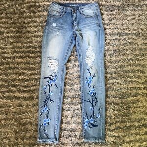 Machine Skinny Jeans with Embroidered Blue Cherry Blossom, Size 26